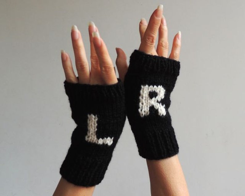 ETSY's Pick Gloves Hand Knit Fingerless Gloves Wrist Warmers Black Winter Gloves Left & Right Gloves Gloves with Letter L R image 1