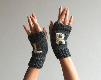 Gloves - Hand Knit Gloves - Fingerless Gloves - Wrist Warmers - Winter Gloves - Grey Gloves - Left & Right Gloves - Gloves with Letter L R
