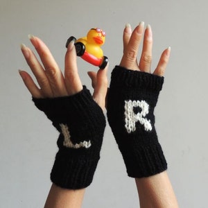 ETSY's Pick Gloves Hand Knit Fingerless Gloves Wrist Warmers Black Winter Gloves Left & Right Gloves Gloves with Letter L R image 5