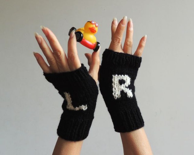 ETSY's Pick Gloves Hand Knit Fingerless Gloves Wrist Warmers Black Winter Gloves Left & Right Gloves Gloves with Letter L R image 5