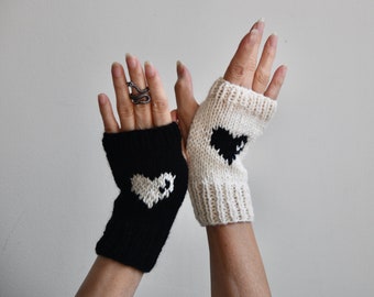 I Heart Fingerless Gloves - Black and White Heart Gloves - New York Fashion Gloves - Hand Knit Gloves - Special Gloves - Warm Your Heart