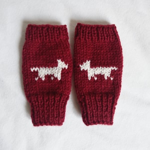 Hand Knit Dog Fingerless Gloves: Cranberry Winter Mittens