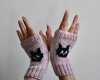 Cat Fingerless Gloves - Eye to Eye Cat Gloves - Fun to Wear - Pink Gloves - Funny Cat - Gift for Winter and Fall - New York Fashion Gloves