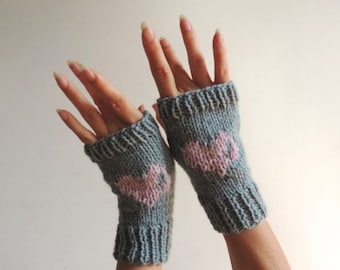 Hand Knit Gloves - Mittens -  Fingerless Gloves - Seaspray Gloves - Wrist Warmers - Gloves with Hearts - Pink Tender Love - Winter Gloves