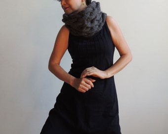 Hand Knit Cowl - Neck Warmer - Scarf - Wool Cowl - NY Fashion Cowl - Cable Cowl -  Chunky Knit - Cozy Warm Soft - Elegant Cowl -  Dark Grey