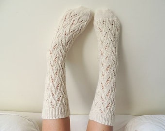 Hand Knit Socks - Lace Wool Socks - Luxurious gift for her - Winter Socks - Cozy Warm Soft Socks - Your Socks - Snow White.- READY TO SHIP