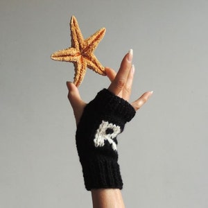 ETSY's Pick Gloves Hand Knit Fingerless Gloves Wrist Warmers Black Winter Gloves Left & Right Gloves Gloves with Letter L R image 4