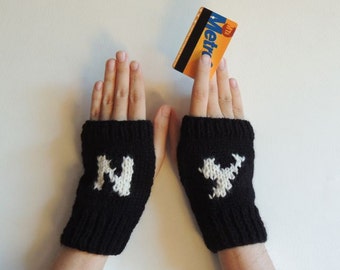 Men's Hand Knit Gloves - Mittens - NY Fingerless Gloves  - Wrist Warmers -  Gloves with  Letters -  Black Gloves -  Eye Catching - NY Gloves