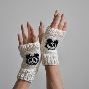 Hand Knit Panda Fingerless Gloves: Wool Blend Mittens