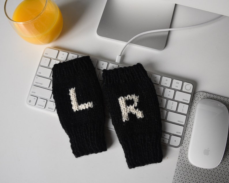 ETSY's Pick Gloves Hand Knit Fingerless Gloves Wrist Warmers Black Winter Gloves Left & Right Gloves Gloves with Letter L R image 2