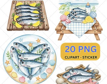 Sardina vintage PNG: Ilustración de mariscos costeros (descarga digital)
