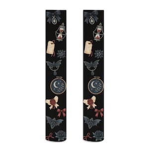 Gothic Lolita Thigh High Socks with Moon Bat and Hourglass – Harajuku Dark Academia Aesthetic Knee High Long Streetwear Stocking - TSHA15