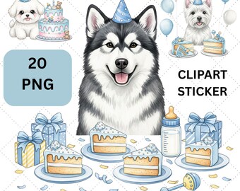 水彩画風の犬の誕生日クリップアートセット、ハッピーバークデー
