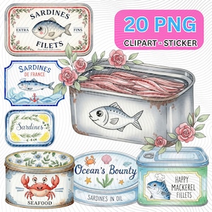Old Seafood Tin Clipart, Vintage Fish Can Label PNG, Retro Packaging Art for Kitchen Decor, Branding & Printable Crafts, Transparent