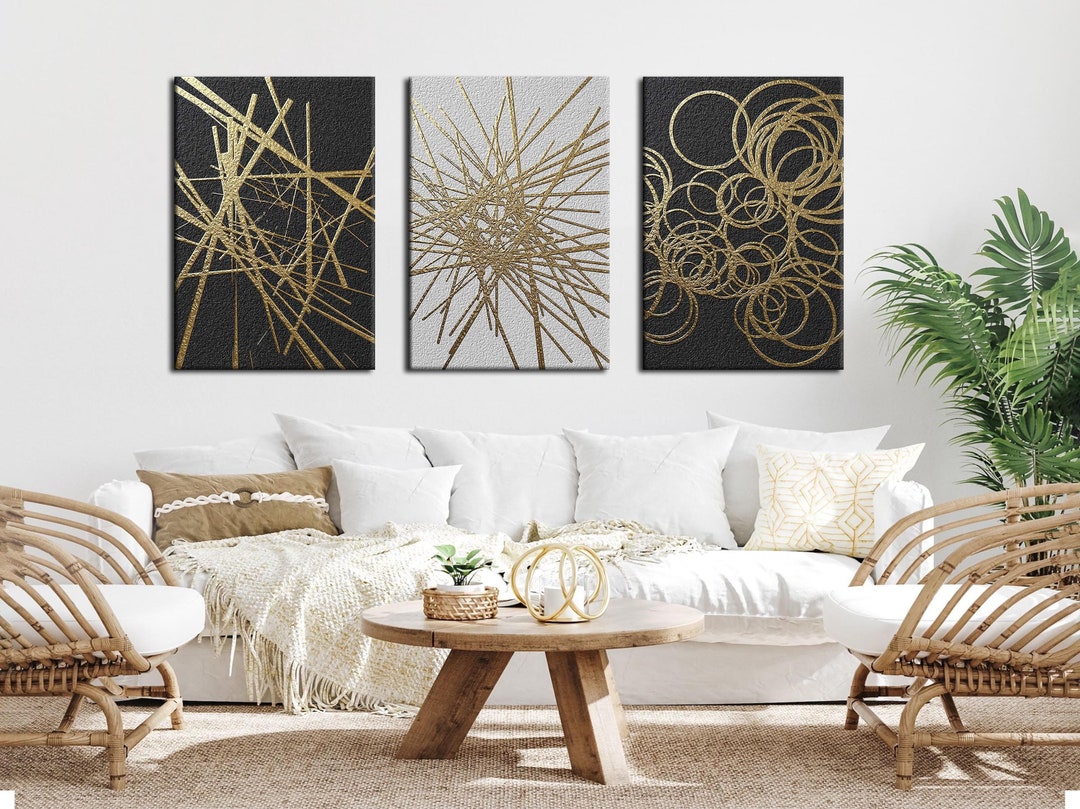 3 Panels Abstract Gold and Black Lines Geometric Canvas Wall Art, 3 ...