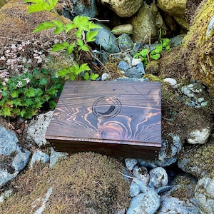 May include: A dark brown wooden box with a circular logo that says "Salt & Journey" and "Handcrafted in the USA". The box is sitting on a bed of moss and rocks.