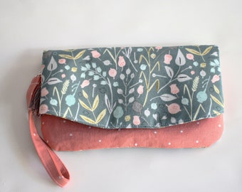 Christmas Gift, Fabric Foldover clutch, Handbag, Wristlet Bag