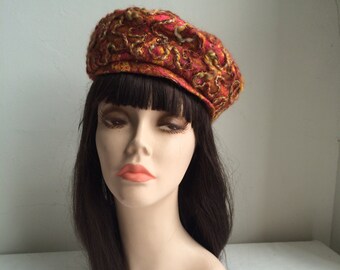 1960s RENEE' Mod Cap Hat Fall Colors Rhinestones and Soutache Trim