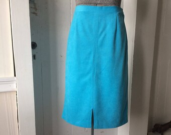 1970s 1980s BODIN Light Blue Faux Suede Ultra Suede High Waisted Pencil Skirt Zig Zag Stitching with Slits Size Large