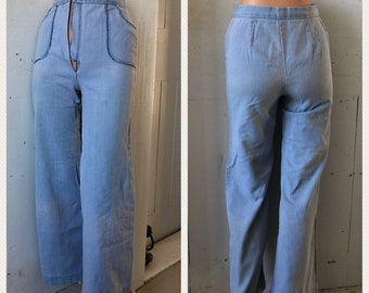 1970s Authentic Jeans  Bellbottoms Retro High Waisted Wide Leg Washed Out Blue Unraveling Trimmed Pockets Size xsmall