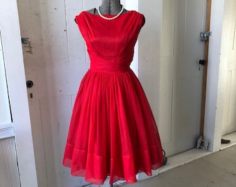 1950s Red Nylon Chiffon Dress Semi Formal Full Gathered Skirt Ruching on Waistline and Shoulders Sleeveless Size XS