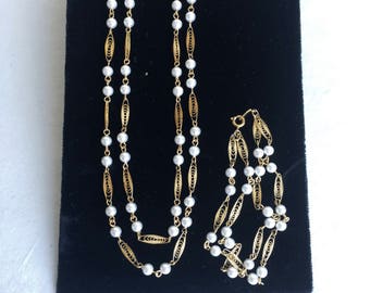 TRIFARI Filigree Faux Pearl Demi Parure Set Double Strand Necklace and Bracelet Goldtone