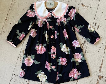 1990s Rare Editions Floral Print Girl’s Dress With Satin Rosettes & Collar