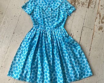 1950s Silk Blue Geometric Print Fit N Flare Dress Medium Scrap Bargain Basement