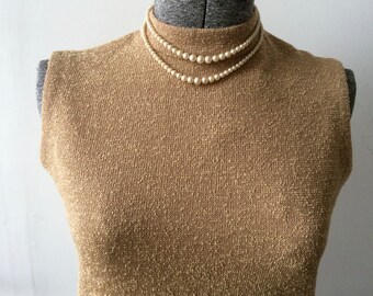 1960s 1970s Cinnamon Nutmeg Knit Sleeveless Top Tunic Vest Medium Large