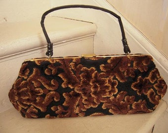 1960s Lush Chenille Tapestry Carpet Bag Wide Handbag Pocketbook brown & black
