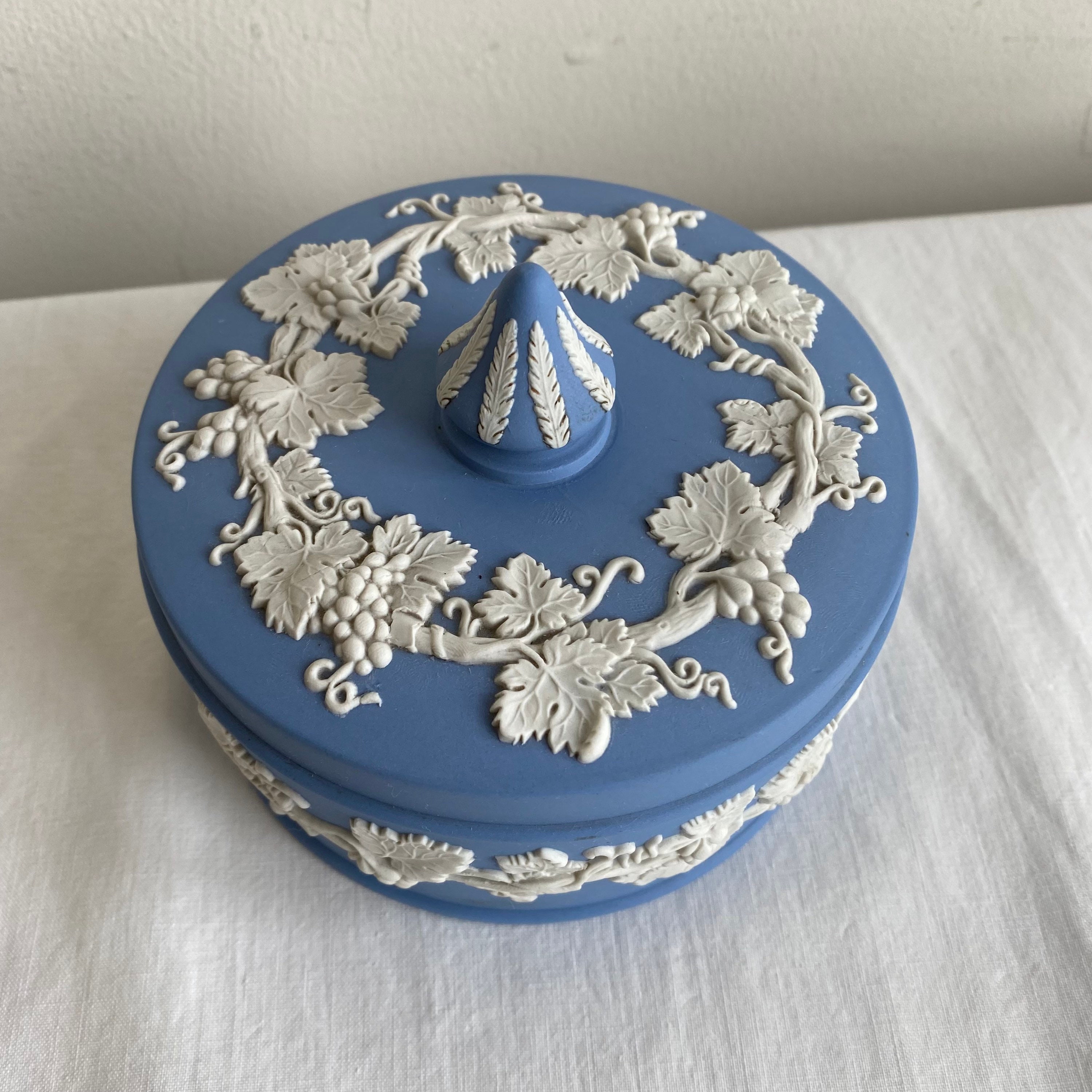 Vintage Wedgwood Blue Jasperware Grapevine Covered Dish Vanity