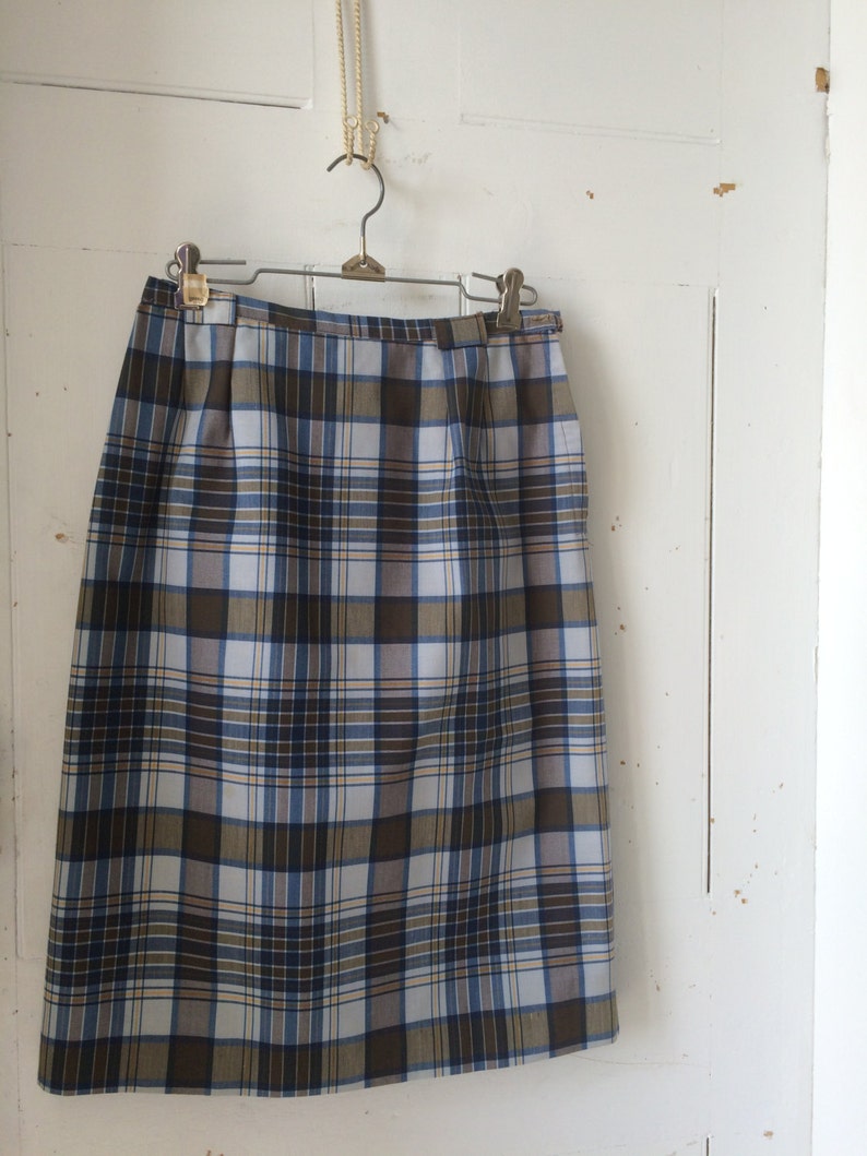 Vintage 1960s Cotton Blue & Green Plaid Pencil Skirt medium large image 2