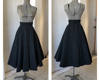 1950s Vintage LANZ Full Circle Skirt Black Faille with Boning boned Waist Size 9 XS Small Pin Up Rockabilly