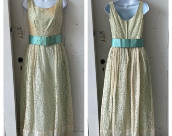 Vintage 1960s Lace Overlay Seafoam Green lined Maxi Formal Dress Bargain Basement