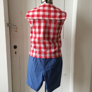 1960s Deadstock Shorts Set Red Gingham Midi Top w/ Blue Chambray Tie and Shorts Size 14 NOS image 5