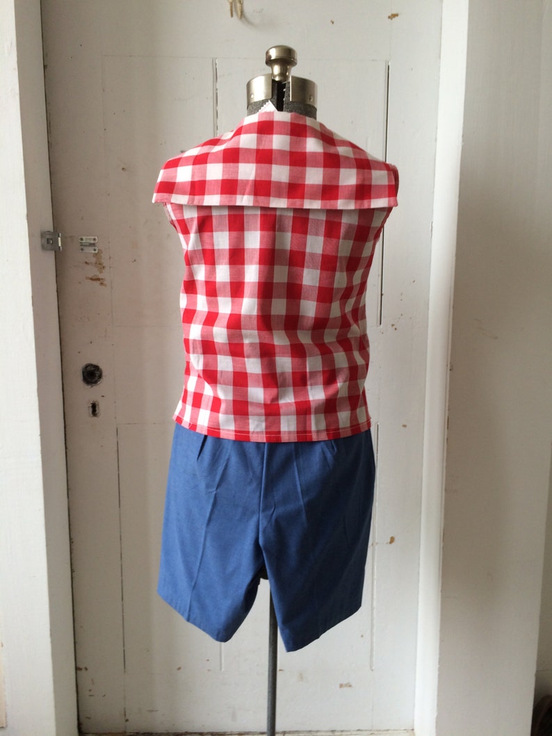 1960s Deadstock Shorts Set Red Gingham Midi Top w/ Blue Chambray Tie and Shorts Size 14 NOS image 5