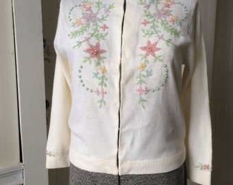 1950s 1960s Pastel Floral Hand Beaded Angora Lambswool FURBLEND Sweater Cardigan Cream Size 40