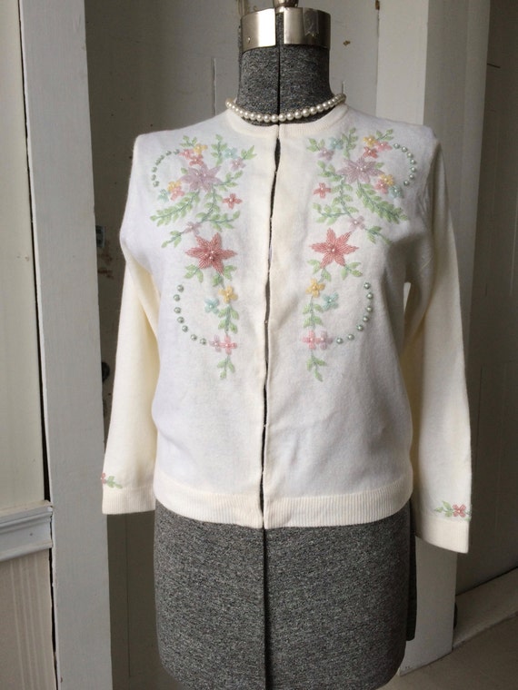 1950s 1960s Pastel Floral Hand Beaded Angora Lamb… - image 1