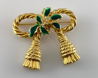 Vintage Christmas Enamel Rhinestone Tassel Bow Brooch