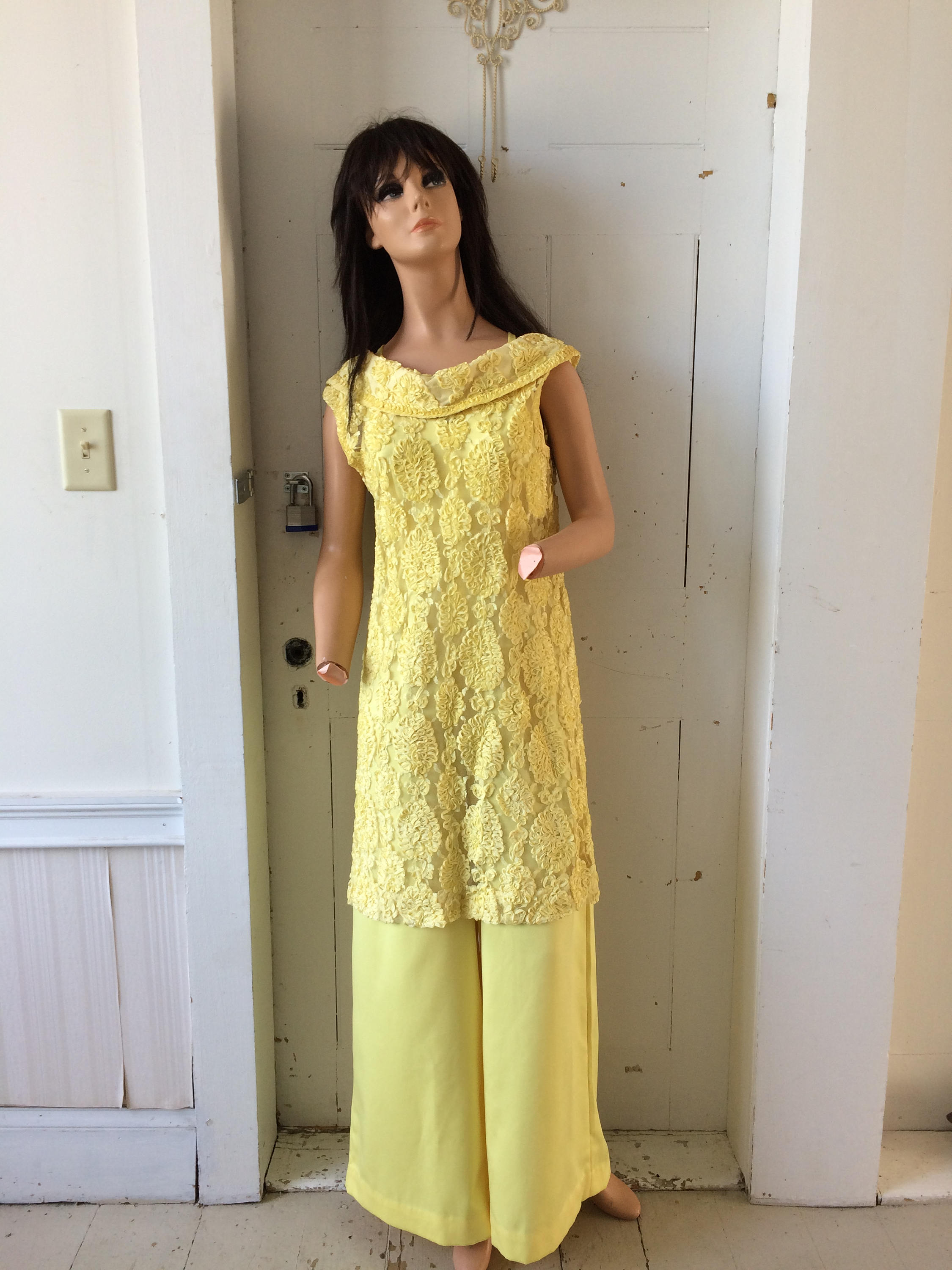 1960s Mod 2 pc Palazzo Pants Jumpsuit with over Dress Tunic Ribbonwork
