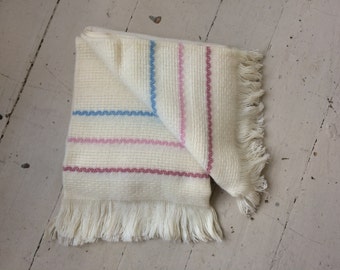 Vintage FARIBO Washable Wool & Acrylic Blanket Afghan Throw Off White with Pastel Stripes New Old Stock with Tag