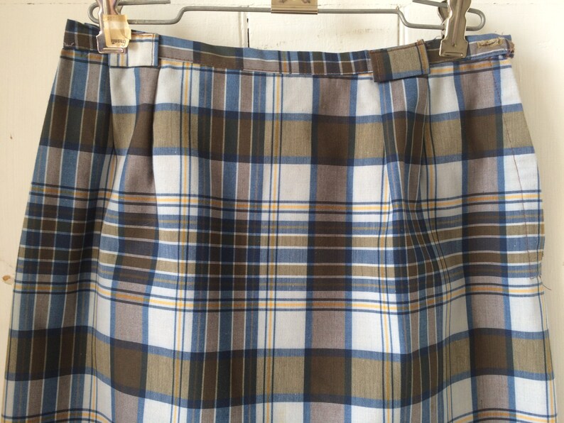 Vintage 1960s Cotton Blue & Green Plaid Pencil Skirt medium large image 3