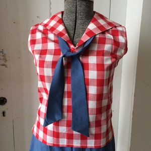 1960s Deadstock Shorts Set Red Gingham Midi Top w/ Blue Chambray Tie and Shorts Size 14 NOS image 2