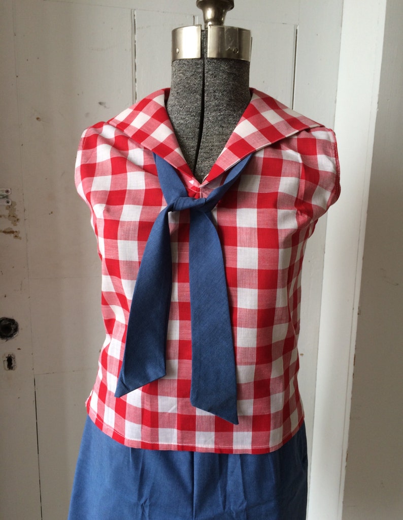 1960s Deadstock Shorts Set Red Gingham Midi Top w/ Blue Chambray Tie and Shorts Size 14 NOS image 2
