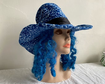 Vintage Blue Leopard Print Cowboy Costume Hat w/Attached Wig Joe Exotic Tiger King