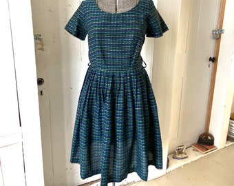 Vintage 1950s Jacquard Print Fit N Flair Dress Union Made