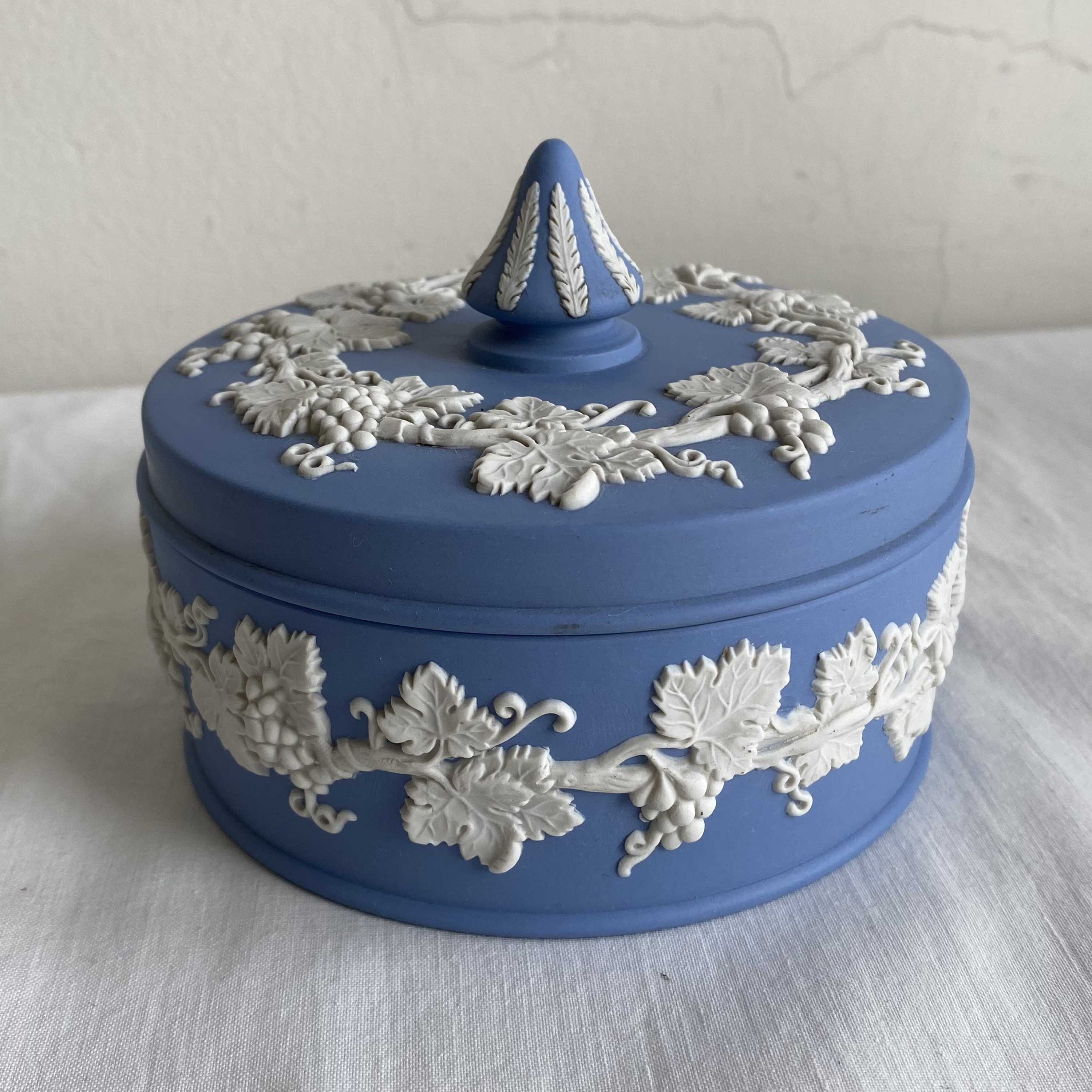 Vintage Wedgwood Blue Jasperware Grapevine Covered Dish Vanity