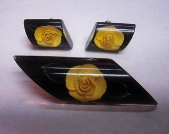 Vintage 1960s Lucite Demi Parure Set Everlasting Yellow Rose of Texas Brooch and Earrings