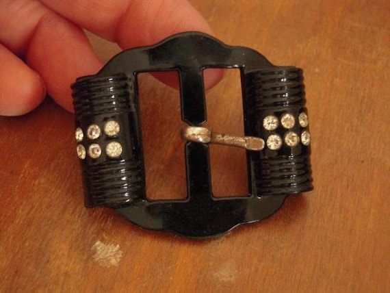 Vintage Art Deco Belt Buckle Black Celluloid with… - image 1