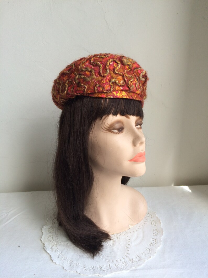 1960s RENEE' Mod Cap Hat Fall Colors Rhinestones and Soutache Trim